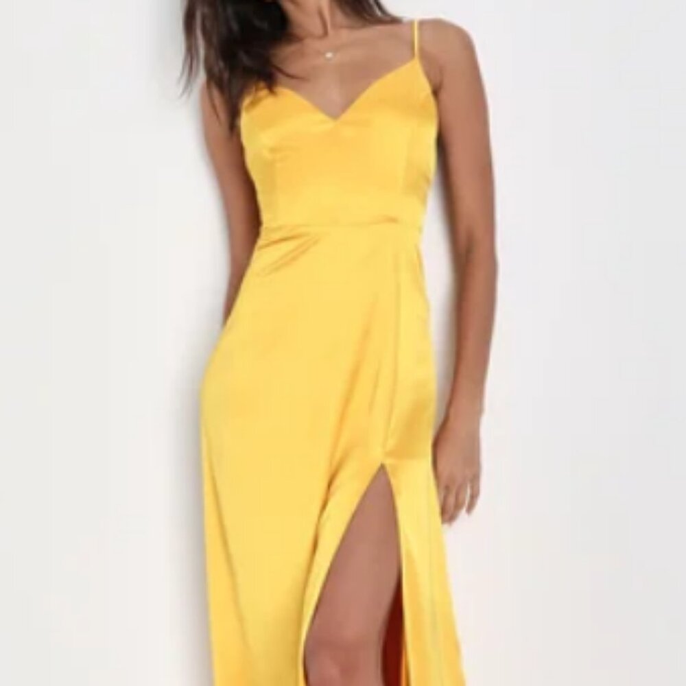 Lulus | XL | Always Audacious Marigold Yellow Satin Tie-Back Midi Dress | NWOT